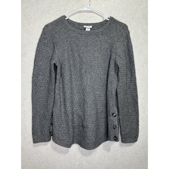 J. JILL Gray Long Sleeve Round Neck Pullover Sweater Side Buttons Capsule SMALL - Picture 2 of 9